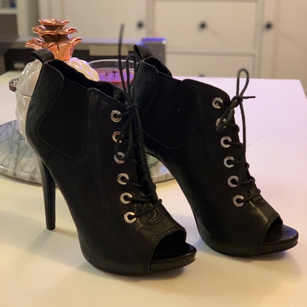 Nine West Lace Up Leather Open Toe Booties
